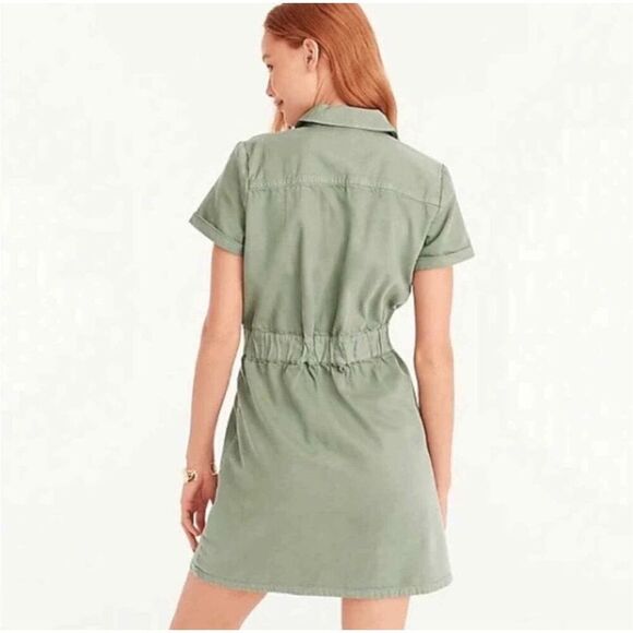 J. Crew Utility Zip Front Chino Dress Green Elastic Waist Short Sleeve Size 2 - Picture 2 of 9
